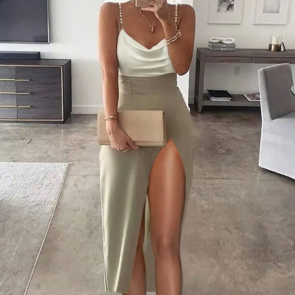 Pearl Strapped HIGH SLIT WEDDING DATE PROM REHERSAL EVENT DINNER DRESS